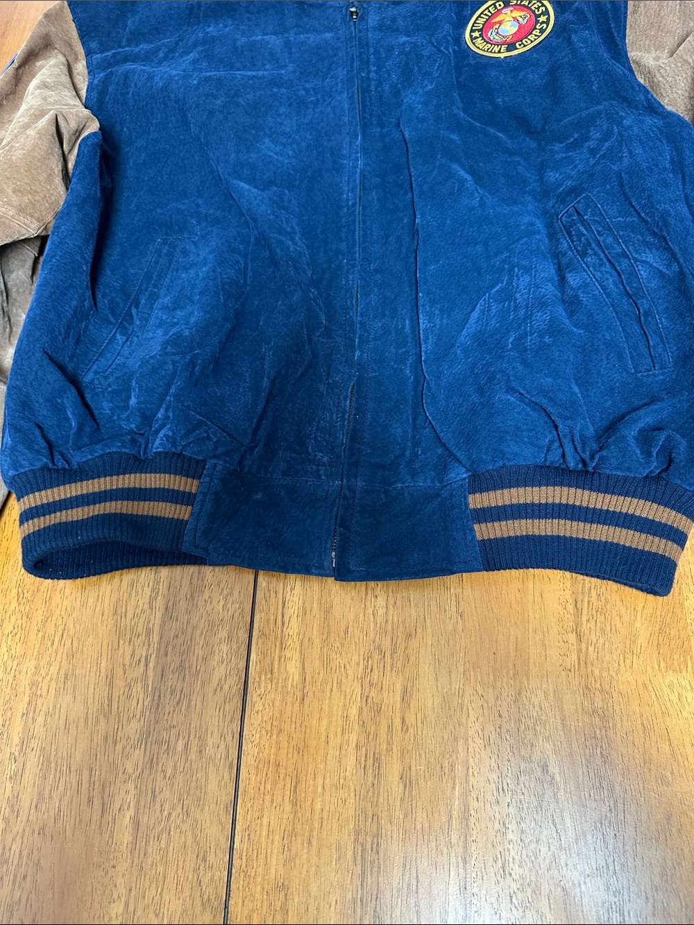 Avalanche men’s vintage varsity style, blue/ brown suede jacket. Marine patches - Picture 4 of 13